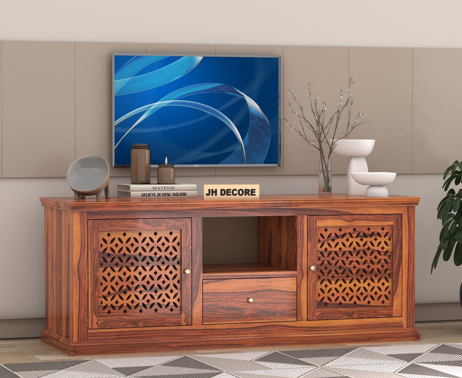 Davis Solid Sheesham Wood TV Cabinet with 2 Door & 1 Shelf Storage