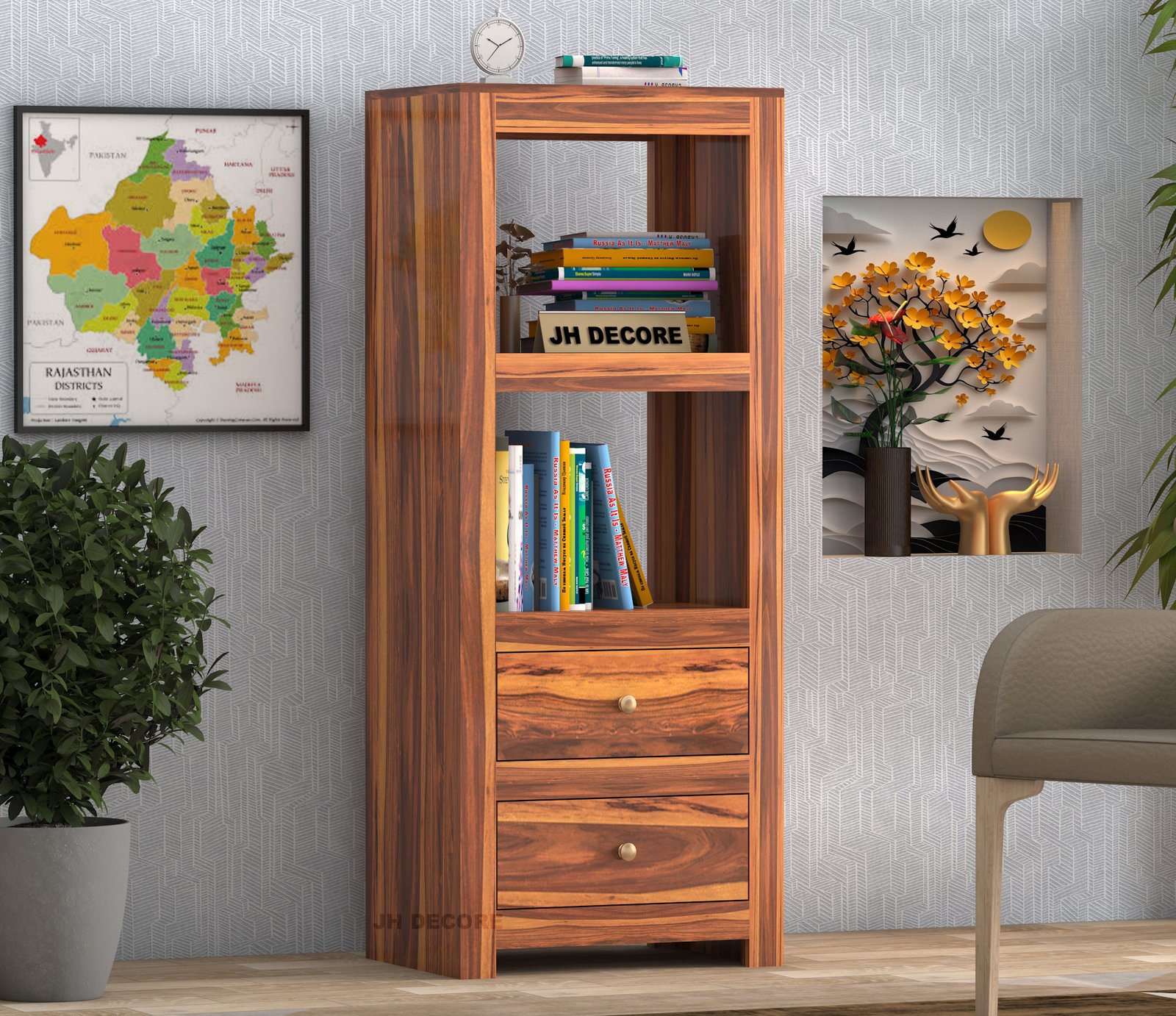 Wooden Bookshelf for Home with Drawer