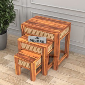 Wooden Sheesham Wood Nesting Table Set of 3 Stools for Living Room