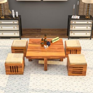 Solid Sheesham Wood Coffee Table with 4 Stool