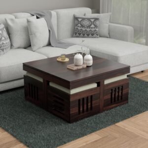 Solid Sheesham Wood Coffee Table with 4 Stools Dark