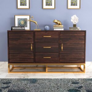 Solid Sheesham Wood Sideboard Cabinet with 3 Drawers & 2 Doors (Walnut Finish)
